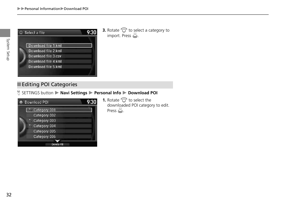 Gories, 2 editing poi categories, P. 32 | HONDA 2014 Crosstour - Navigation Manual User Manual | Page 34 / 153