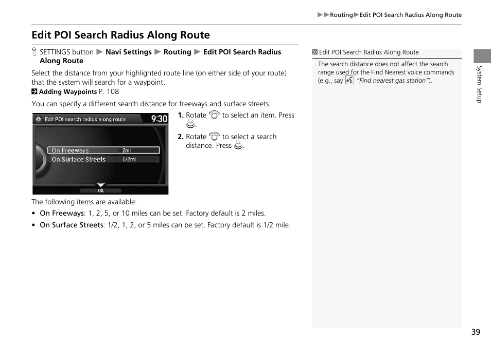 Edit poi search radius along route, 2 edit poi search radius along route, P. 39 | HONDA 2014 Crosstour - Navigation Manual User Manual | Page 41 / 153