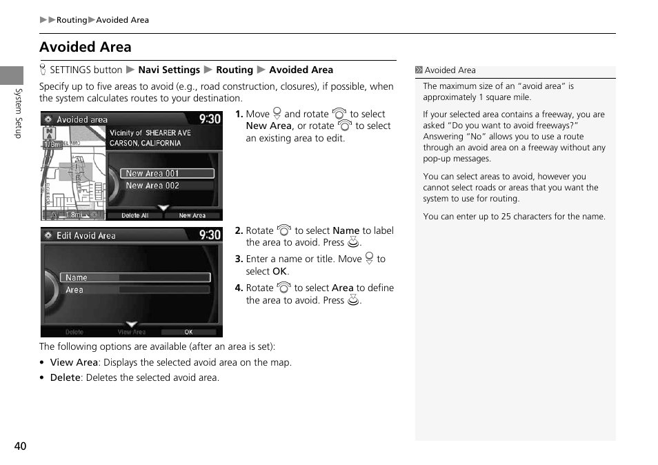 Avoided area, Route, 2 avoided area | P. 40 | HONDA 2014 Crosstour - Navigation Manual User Manual | Page 42 / 153