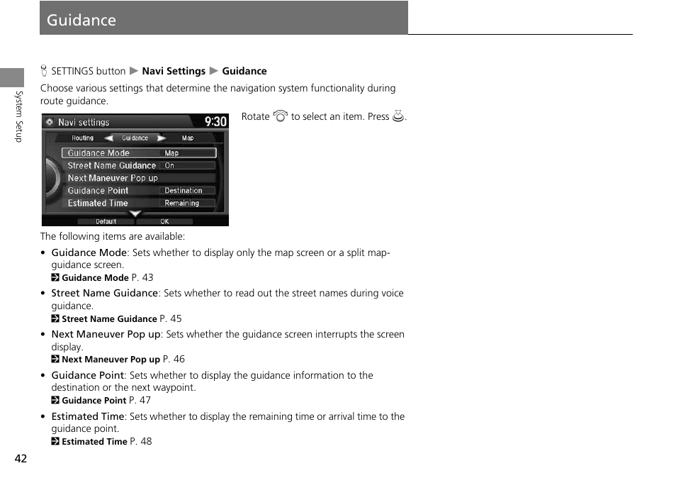 Guidance 42, Guidance | HONDA 2014 Crosstour - Navigation Manual User Manual | Page 44 / 153