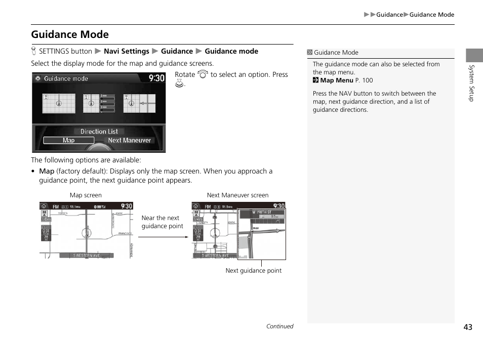 Guidance mode, 2 guidance mode, P. 43 | HONDA 2014 Crosstour - Navigation Manual User Manual | Page 45 / 153