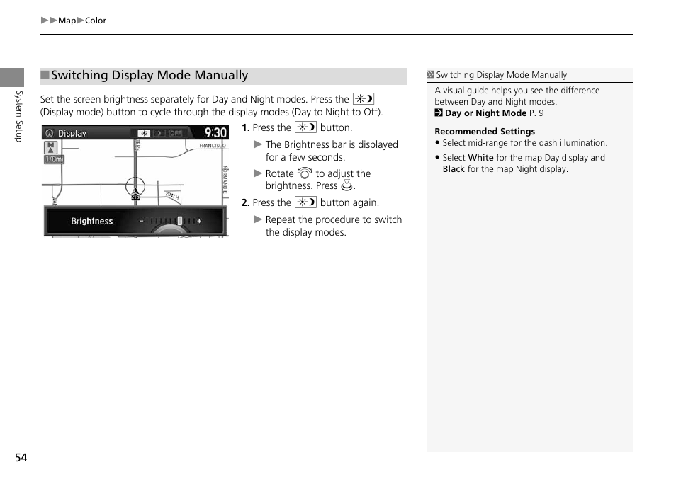 P54), Switching display mode manually | HONDA 2014 Crosstour - Navigation Manual User Manual | Page 56 / 153