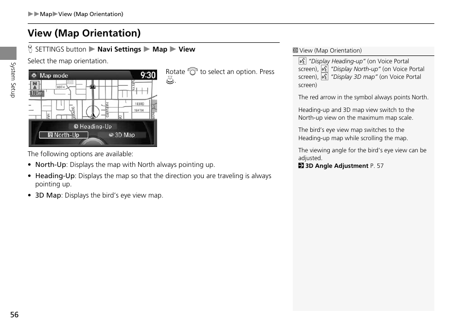 P56), View (map orientation), 2 view (map orientation) | P. 56 | HONDA 2014 Crosstour - Navigation Manual User Manual | Page 58 / 153