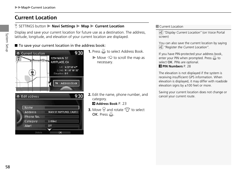 P58), Current location, 2 current location | P. 58 | HONDA 2014 Crosstour - Navigation Manual User Manual | Page 60 / 153