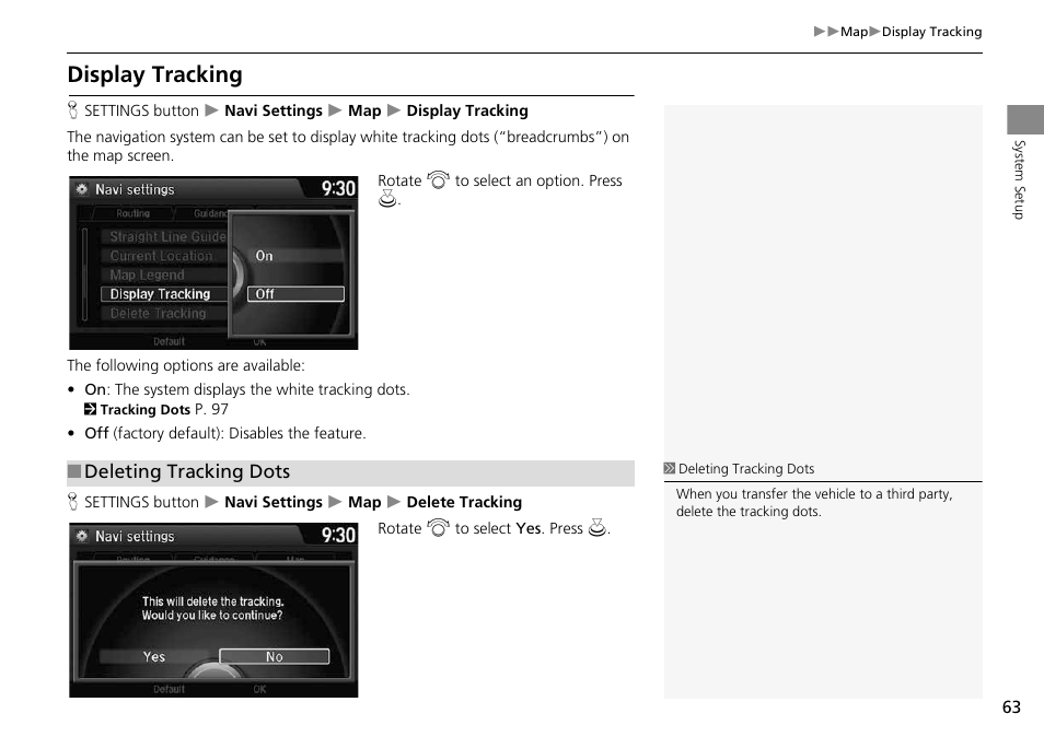 Display tracking, E map, 2 display tracking | P. 63, 2 deleting tracking dots | HONDA 2014 Crosstour - Navigation Manual User Manual | Page 65 / 153