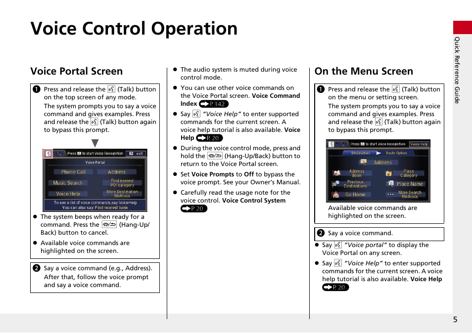 Voice control operation, Voice portal screen, On the menu screen | HONDA 2014 Crosstour - Navigation Manual User Manual | Page 7 / 153