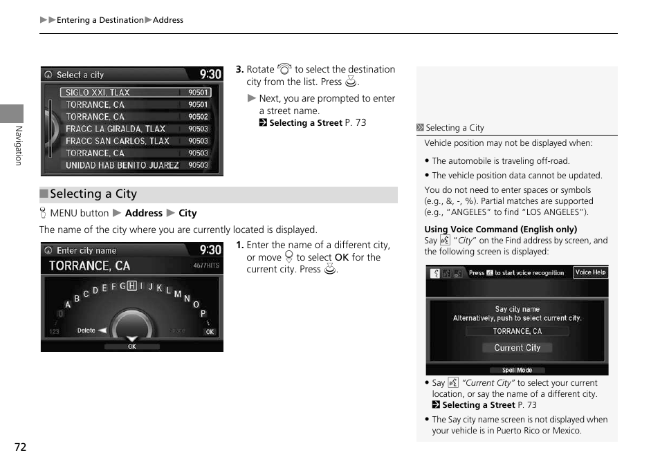 Your destination city, 2 selecting a city, P. 72 | Selecting a city | HONDA 2014 Crosstour - Navigation Manual User Manual | Page 74 / 153