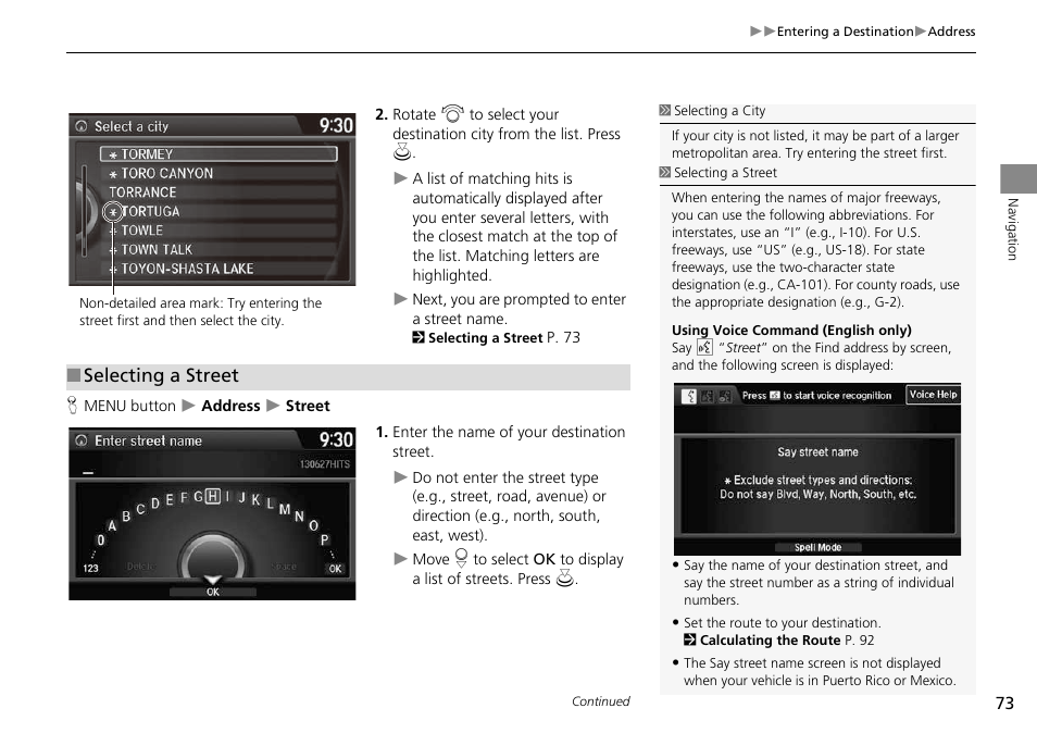 Reet, 2 selecting a street, P. 73 | Selecting a street | HONDA 2014 Crosstour - Navigation Manual User Manual | Page 75 / 153