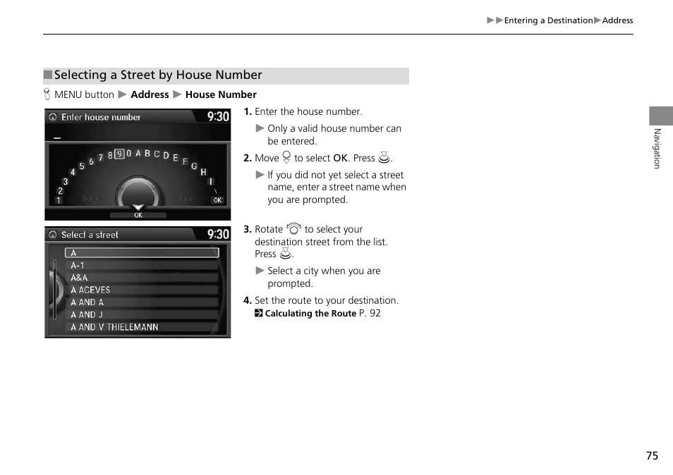 2 selecting a street by house number, P. 75 | HONDA 2014 Crosstour - Navigation Manual User Manual | Page 77 / 153