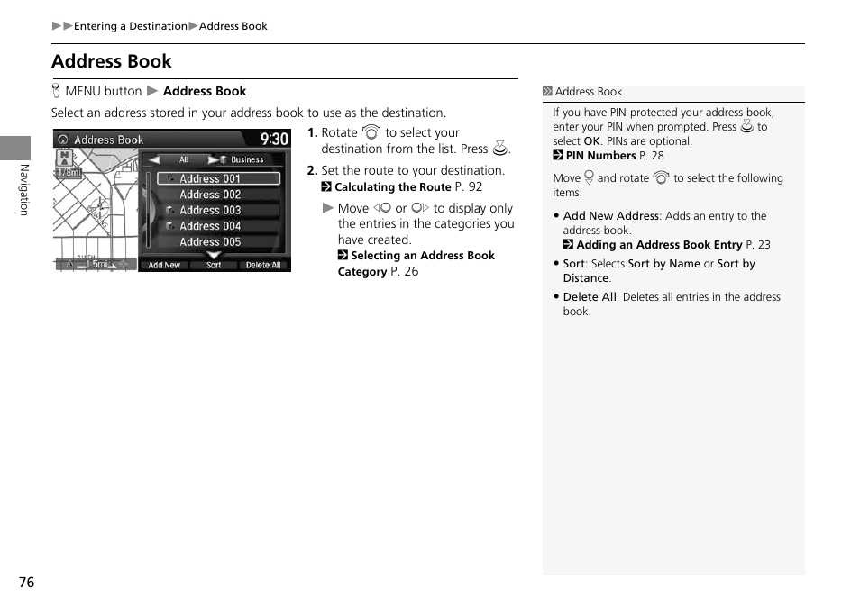 Address book, 2 address book, P. 76 | HONDA 2014 Crosstour - Navigation Manual User Manual | Page 78 / 153