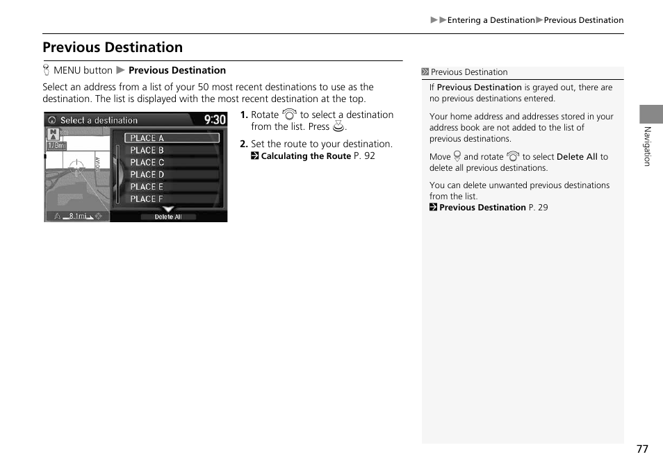 Ination, 2 previous destination, P. 77 | Previous destination | HONDA 2014 Crosstour - Navigation Manual User Manual | Page 79 / 153