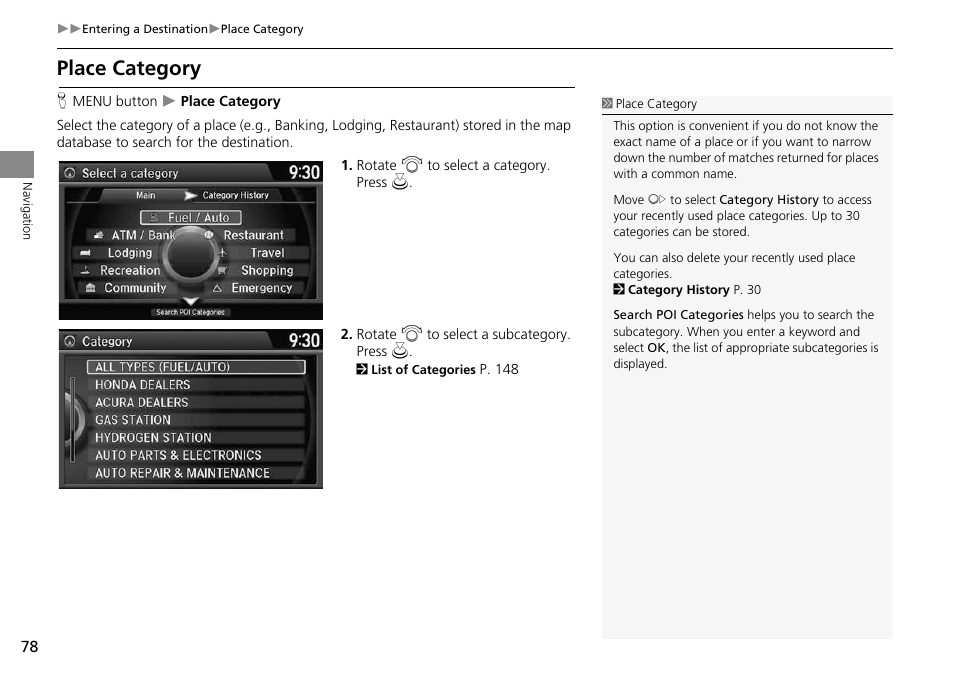 2 place category, P. 78, Place category | HONDA 2014 Crosstour - Navigation Manual User Manual | Page 80 / 153