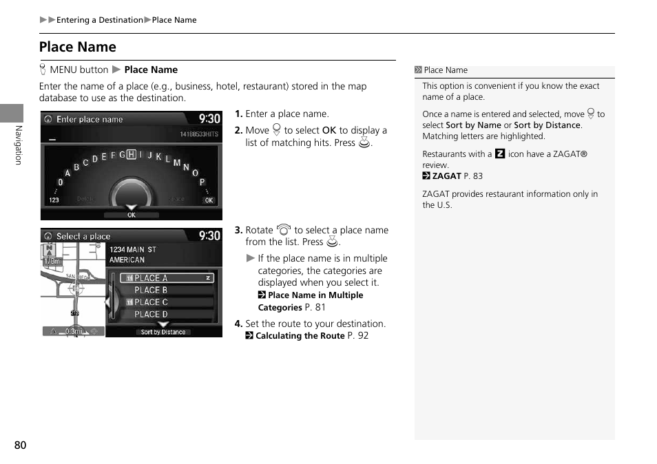 Ndmark, 2 place name, P. 80 | Place name | HONDA 2014 Crosstour - Navigation Manual User Manual | Page 82 / 153