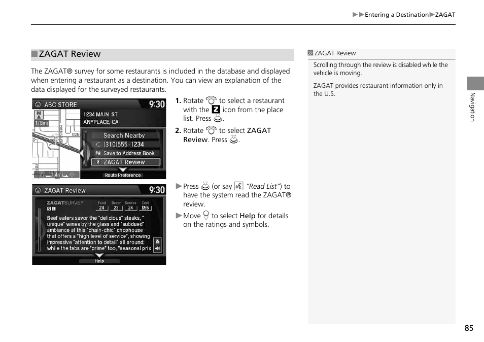 2 zagat review p. 85 | HONDA 2014 Crosstour - Navigation Manual User Manual | Page 87 / 153