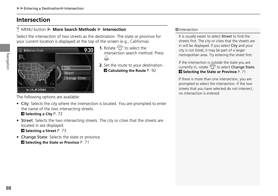 Intersection, 2 intersection, P. 88 | HONDA 2014 Crosstour - Navigation Manual User Manual | Page 90 / 153