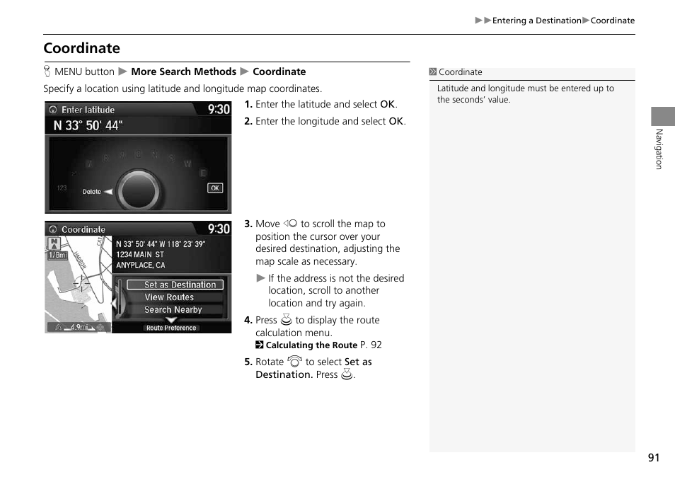 Coordinate, 2 coordinate, P. 91 | HONDA 2014 Crosstour - Navigation Manual User Manual | Page 93 / 153