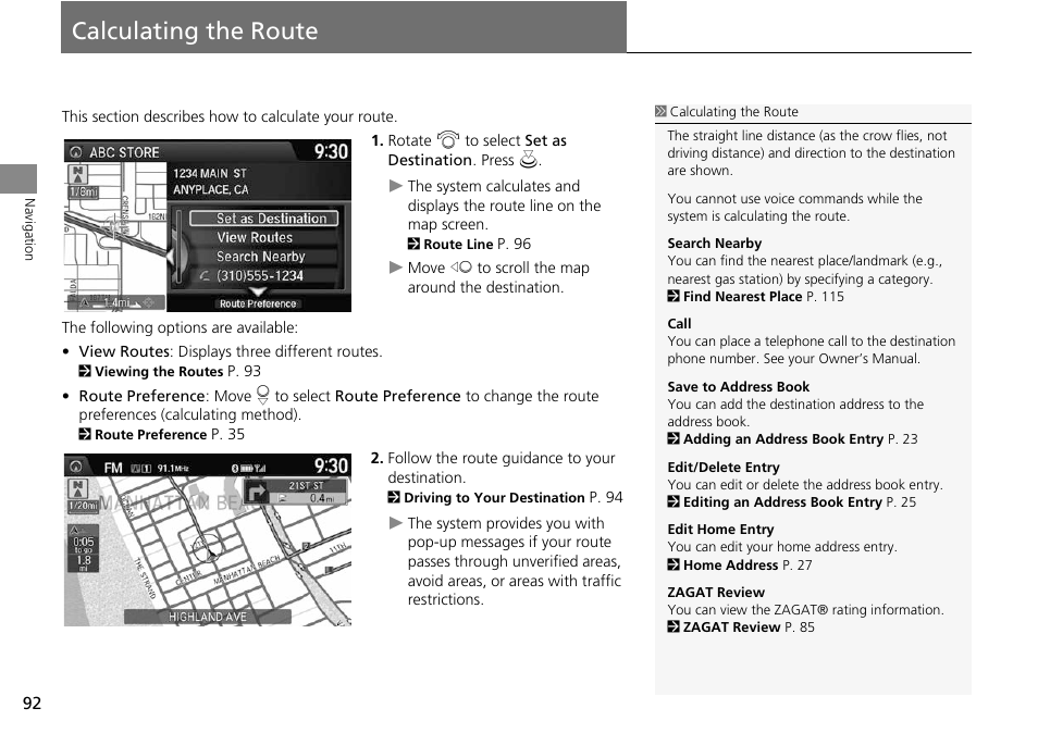 Calculating the route 92, Calculating the route, 2 calculating the route | P. 92 | HONDA 2014 Crosstour - Navigation Manual User Manual | Page 94 / 153