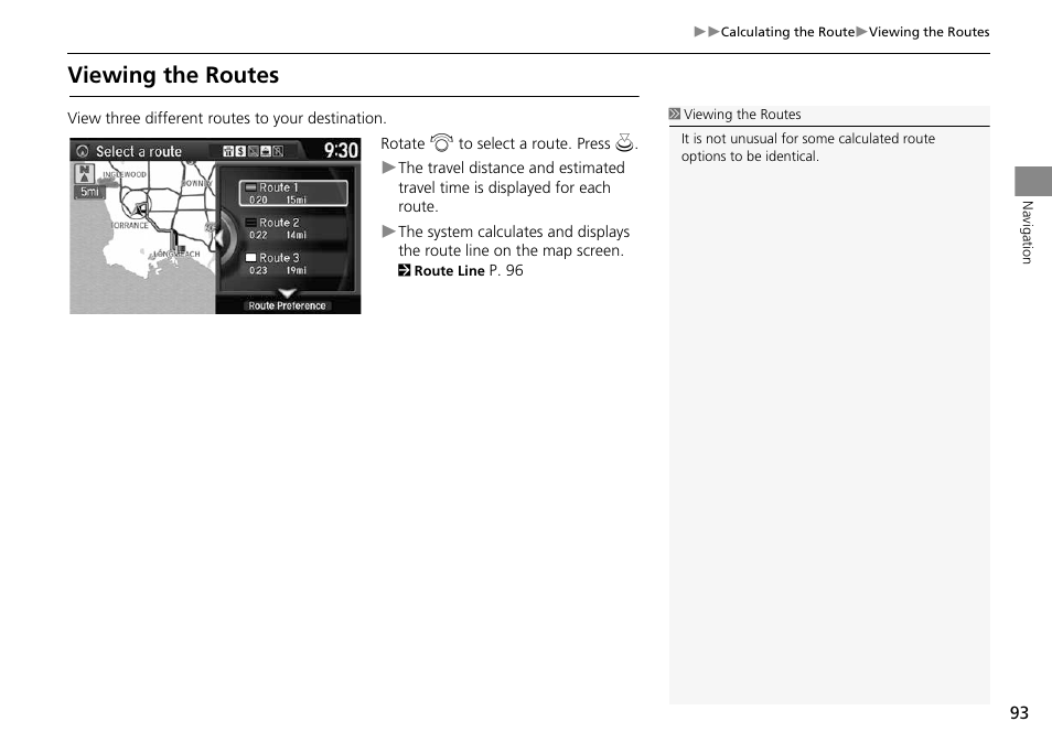P93), Viewing the routes, 2 viewing the routes | P. 93 | HONDA 2014 Crosstour - Navigation Manual User Manual | Page 95 / 153