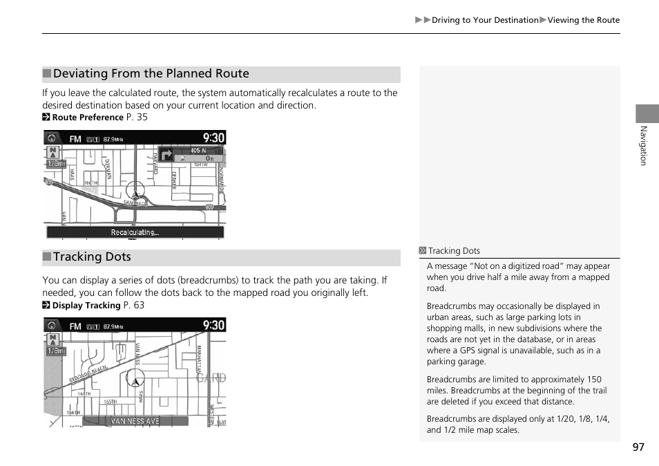 P97), Deviating from the planned route ■ tracking dots | HONDA 2014 Crosstour - Navigation Manual User Manual | Page 99 / 153