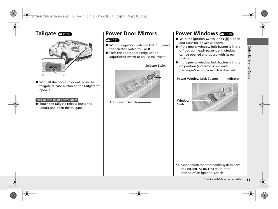 Tailgate, Power door mirrors, Power windows | HONDA 2014 Crosstour - Owner's Manual User Manual | Page 12 / 573