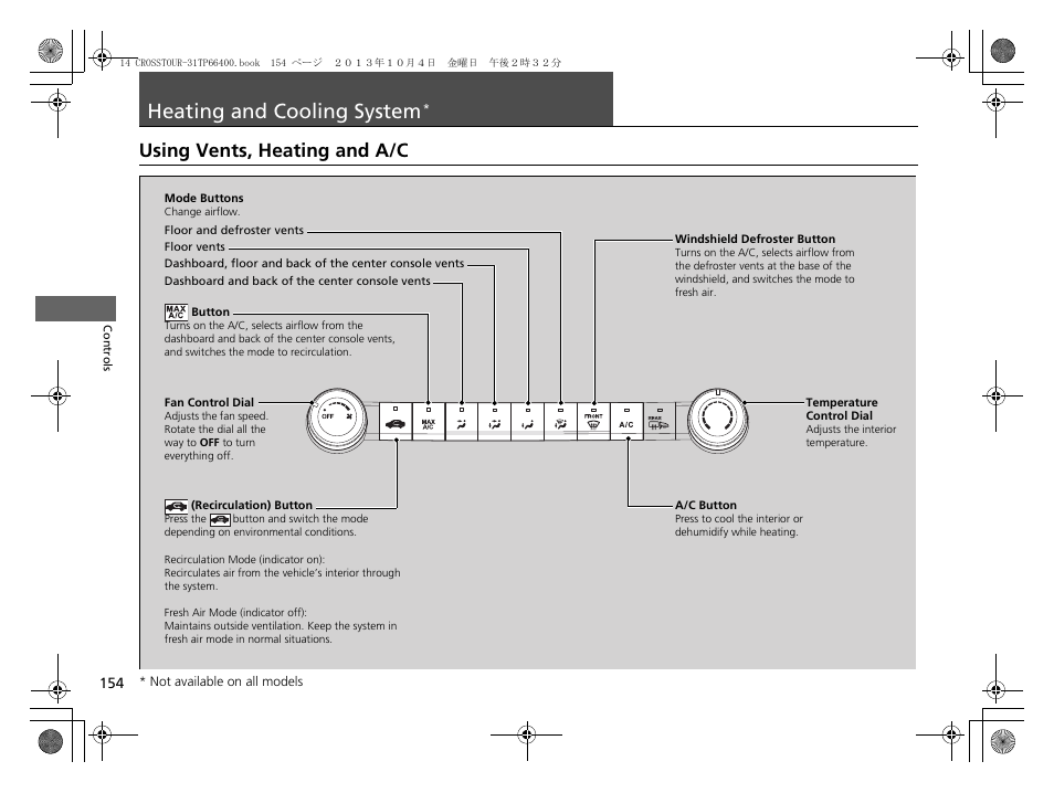 Heating and cooling system, P 154), Using vents, heating and a/c | HONDA 2014 Crosstour - Owner's Manual User Manual | Page 155 / 573