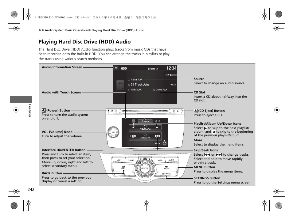 Playing hard disc drive (hdd) audio | HONDA 2014 Crosstour - Owner's Manual User Manual | Page 243 / 573