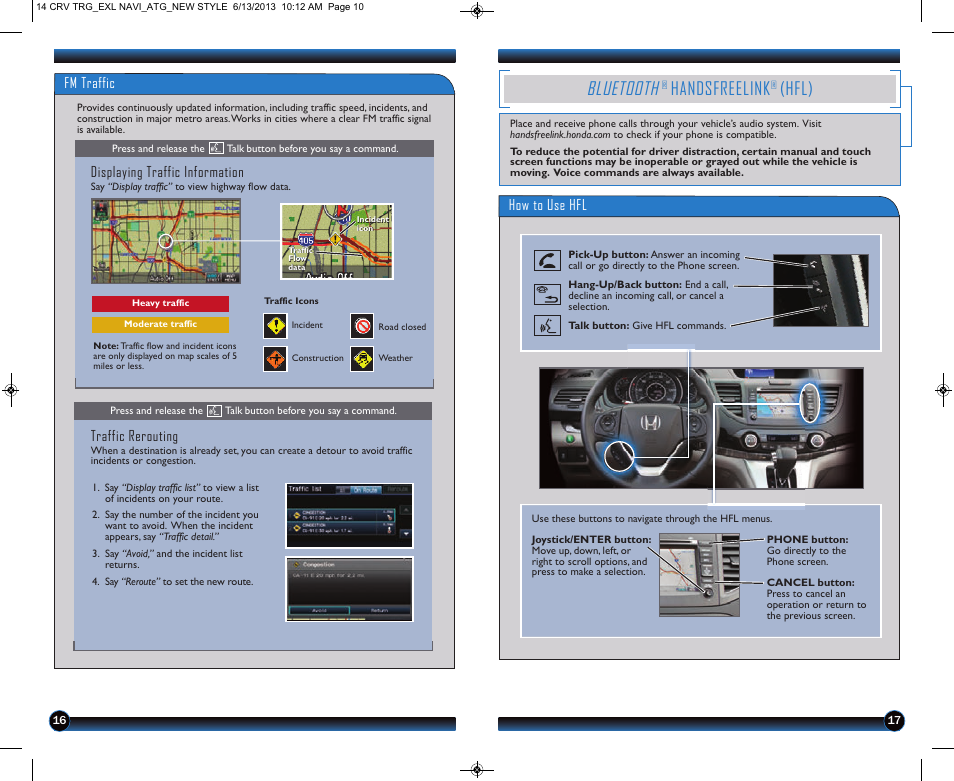 P. 17, Bluetooth, Handsfreelink | Hfl), Fm traffic, Displaying traffic information, Traffic rerouting, How to use hfl | HONDA 2014 CR-V (EX-L with Navigation) - Technology Reference Guide User Manual | Page 10 / 15