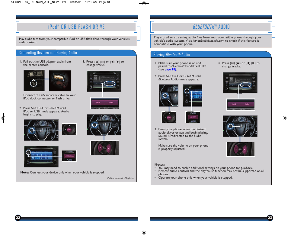 P.22, Ipod, Or usb flash drive | Bluetooth, Audio | HONDA 2014 CR-V (EX-L with Navigation) - Technology Reference Guide User Manual | Page 13 / 15