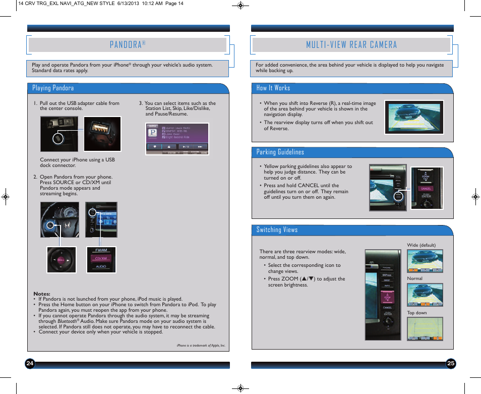 Pandora, Multi-view rear camera, Playing pandora | Parking guide lines how it works, Switching views playing pandora, How it works, Parking guidelines, Switching views | HONDA 2014 CR-V (EX-L with Navigation) - Technology Reference Guide User Manual | Page 14 / 15