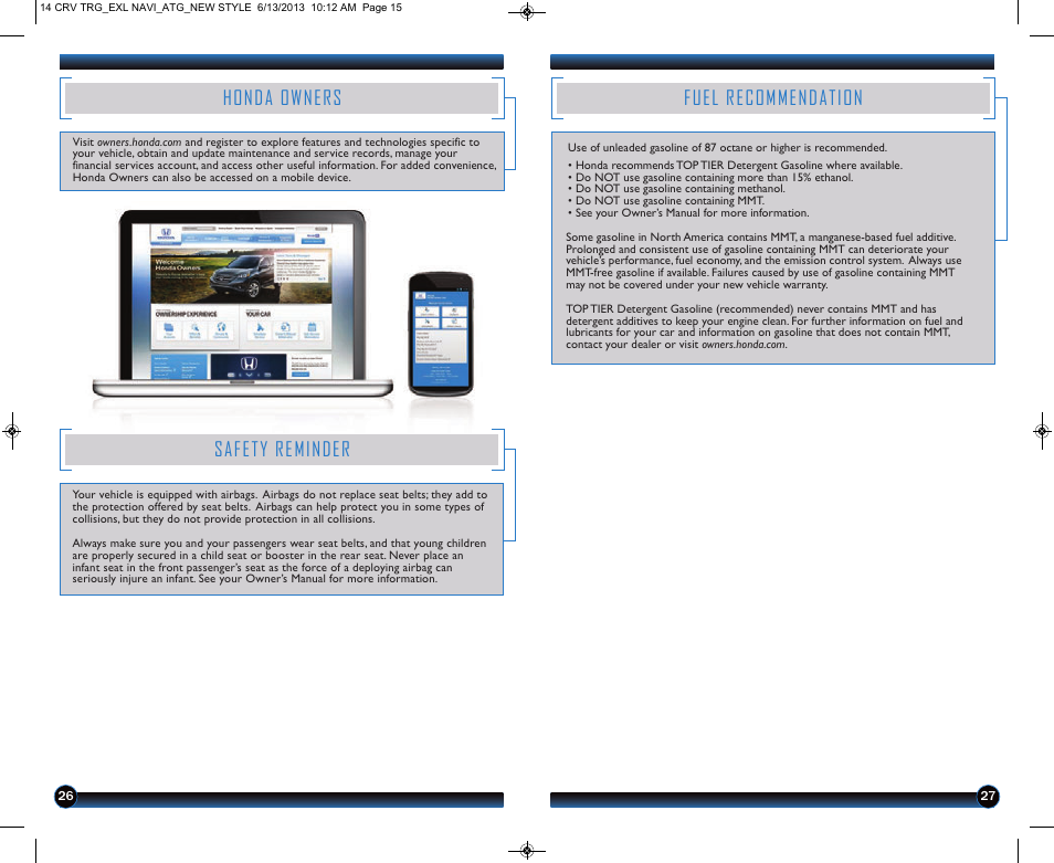 Honda owners, Safety reminder, Fuel recommendation | HONDA 2014 CR-V (EX-L with Navigation) - Technology Reference Guide User Manual | Page 15 / 15