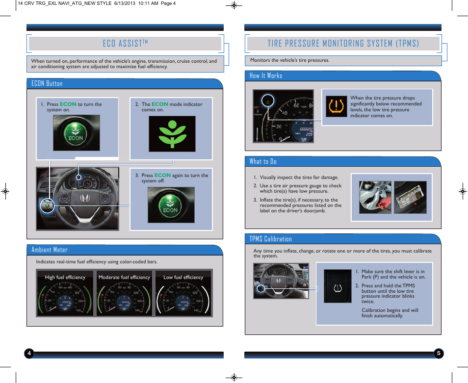 Eco assist, Tire pressure monitoring system (tpms) | HONDA 2014 CR-V (EX-L with Navigation) - Technology Reference Guide User Manual | Page 4 / 15