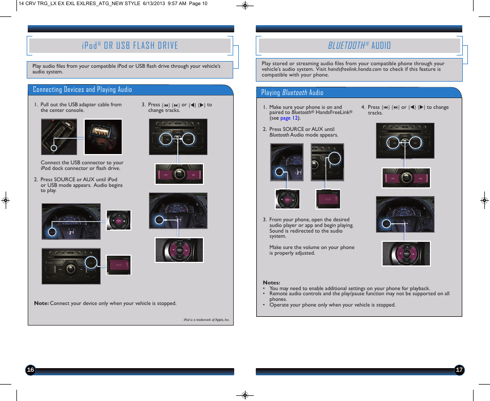 P.16, Ipod, Or usb flash drive | Bluetooth, Audio | HONDA 2014 CR-V (LX, EX, EX-L and EX-L w/ RES) - Technology Reference Guide User Manual | Page 10 / 12