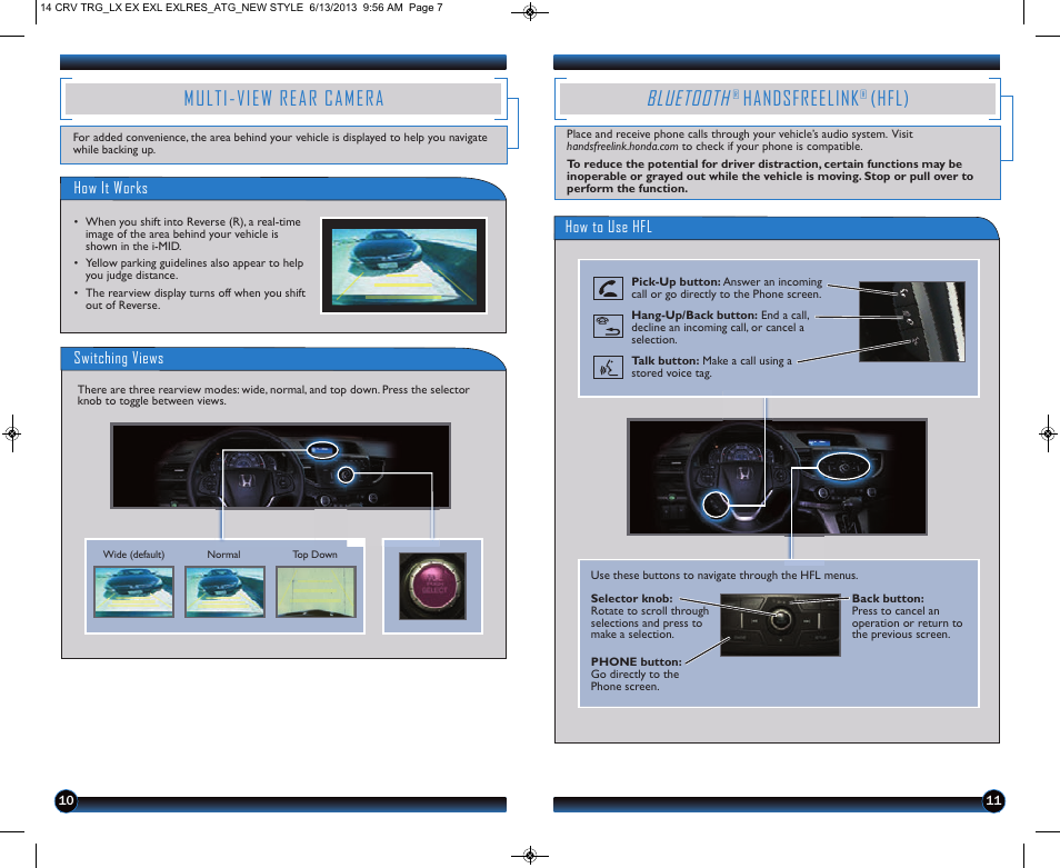 Multi-view rear camera, Bluetooth, Handsfreelink | Hfl) | HONDA 2014 CR-V (LX, EX, EX-L and EX-L w/ RES) - Technology Reference Guide User Manual | Page 7 / 12