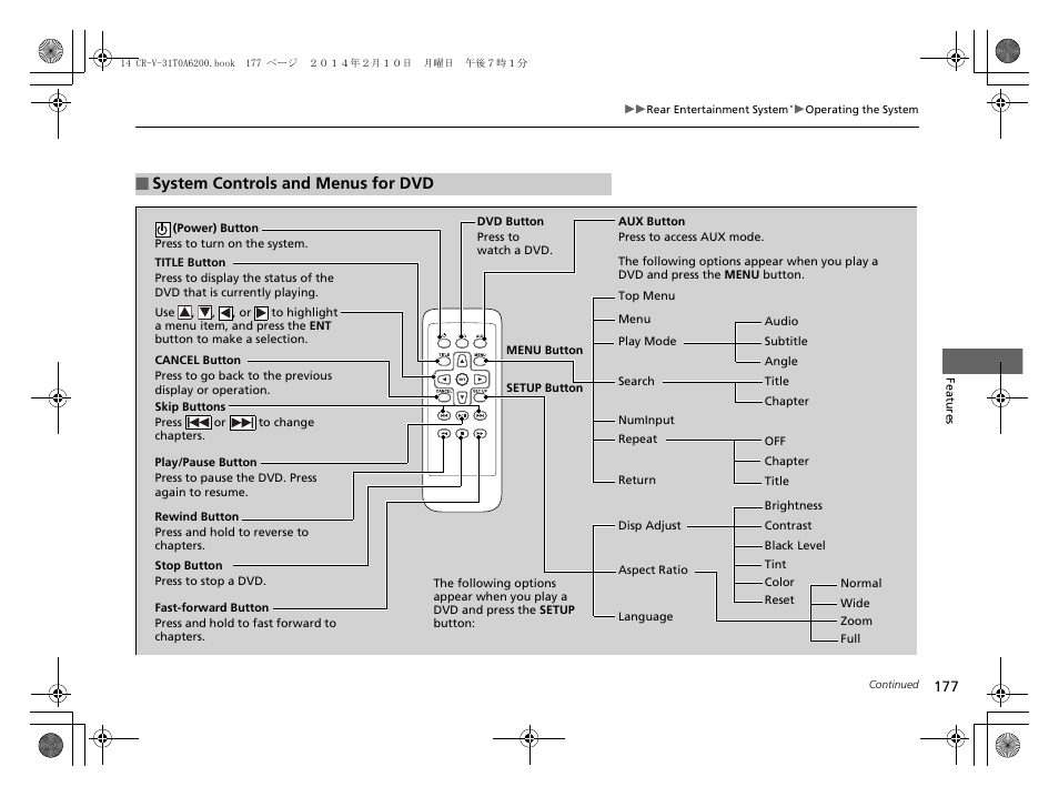 System controls and menus for dvd | HONDA 2014 CR-V - Owner's Manual User Manual | Page 178 / 365