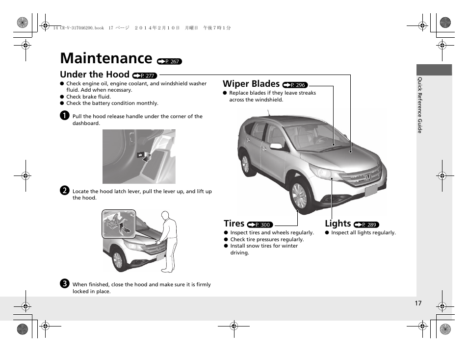 Maintenance (p 267), Maintenance, Under the hood | Lights, Wiper blades, Tires | HONDA 2014 CR-V - Owner's Manual User Manual | Page 18 / 365