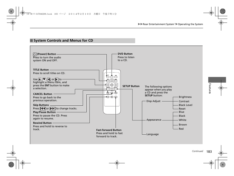 System controls and menus for cd | HONDA 2014 CR-V - Owner's Manual User Manual | Page 184 / 365