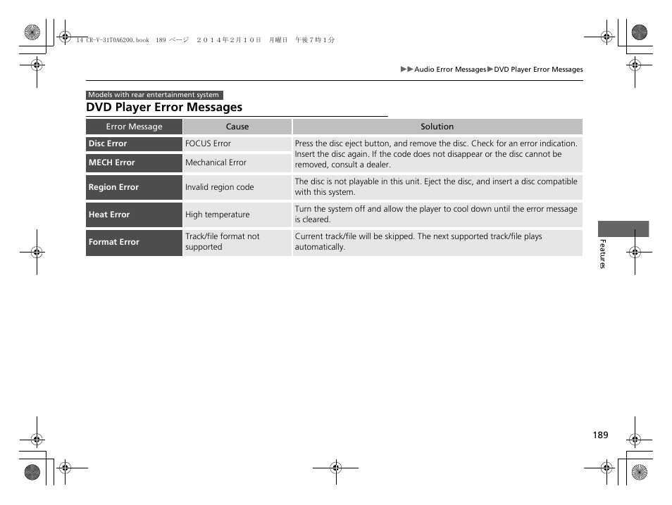 Dvd player error messages | HONDA 2014 CR-V - Owner's Manual User Manual | Page 190 / 365