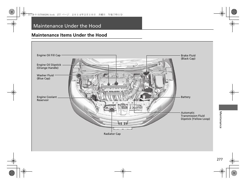 Maintenance under the hood, P 277), Maintenance items under the hood | HONDA 2014 CR-V - Owner's Manual User Manual | Page 278 / 365