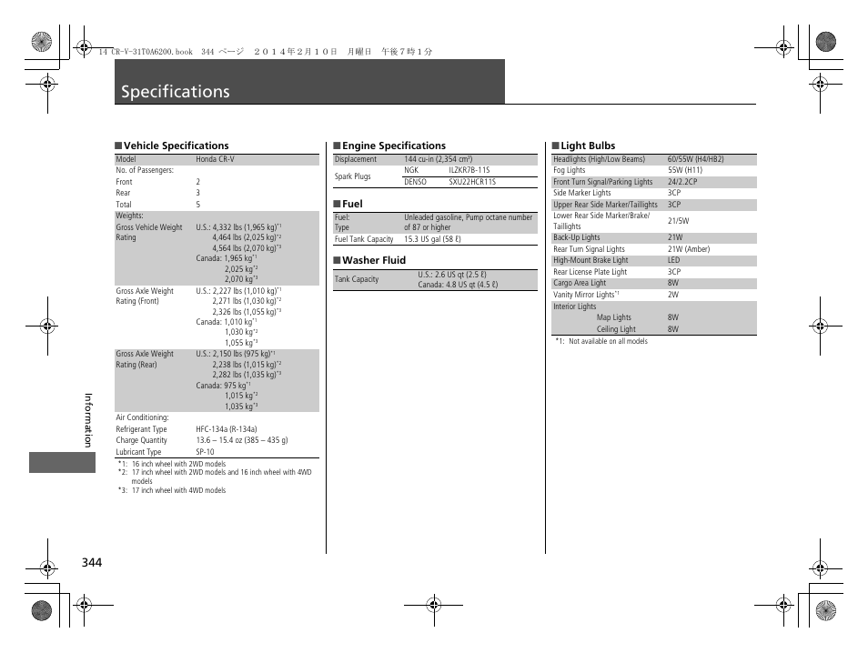 Specifications p. 344, Specifications | HONDA 2014 CR-V - Owner's Manual User Manual | Page 345 / 365