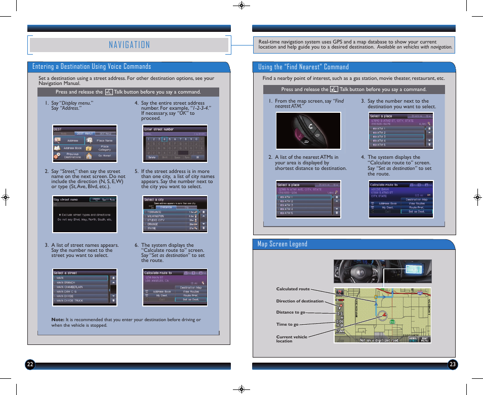 Navigation, Map screen legend, Entering a destination using voice commands | Using the “find nearest” command | HONDA 2014 CR-Z - Technology Reference Guide User Manual | Page 13 / 20