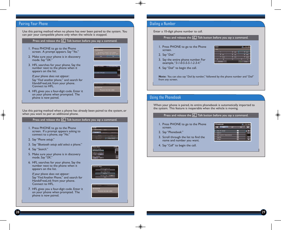 Pairing your phone, Dialing a number, Using the phonebook | HONDA 2014 CR-Z - Technology Reference Guide User Manual | Page 16 / 20