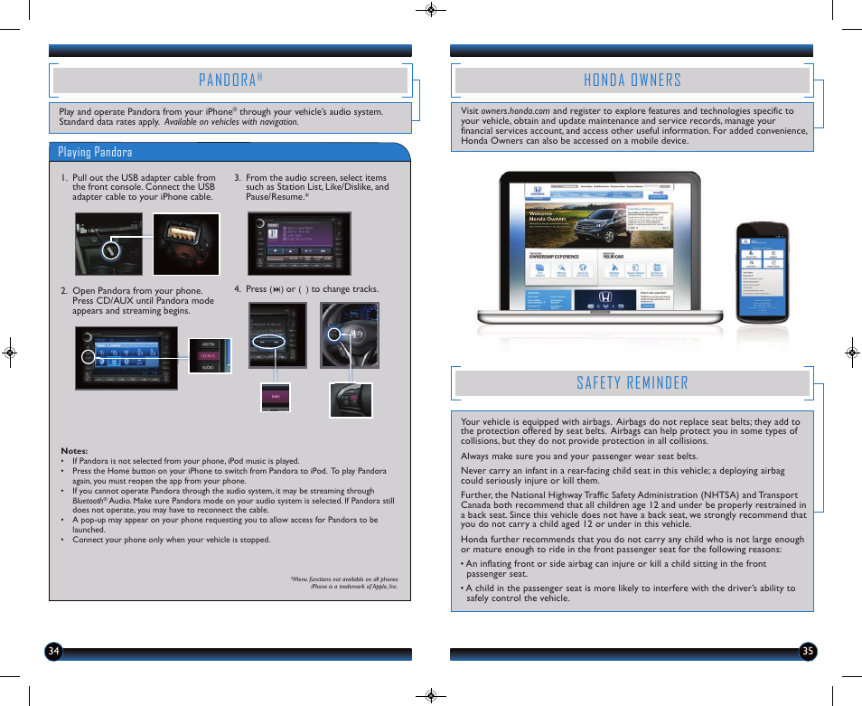 Safety reminder, Pandora, Honda owners | Playing pandora | HONDA 2014 CR-Z - Technology Reference Guide User Manual | Page 19 / 20