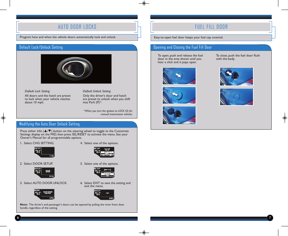 Auto door locks, Fuel fill door, Modifying the auto door unlock setting | Default lock/unlock setting, Opening and closing the fuel fill door | HONDA 2014 CR-Z - Technology Reference Guide User Manual | Page 5 / 20