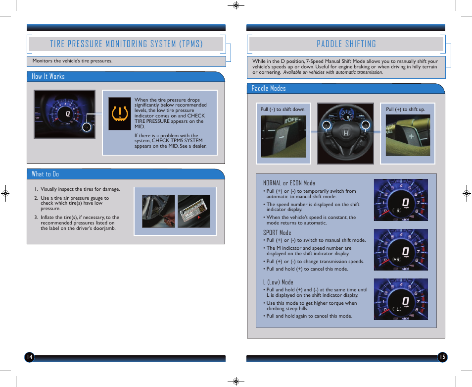 Paddle shifting, Tire pressure monitoring system (tpms) | HONDA 2014 CR-Z - Technology Reference Guide User Manual | Page 9 / 20