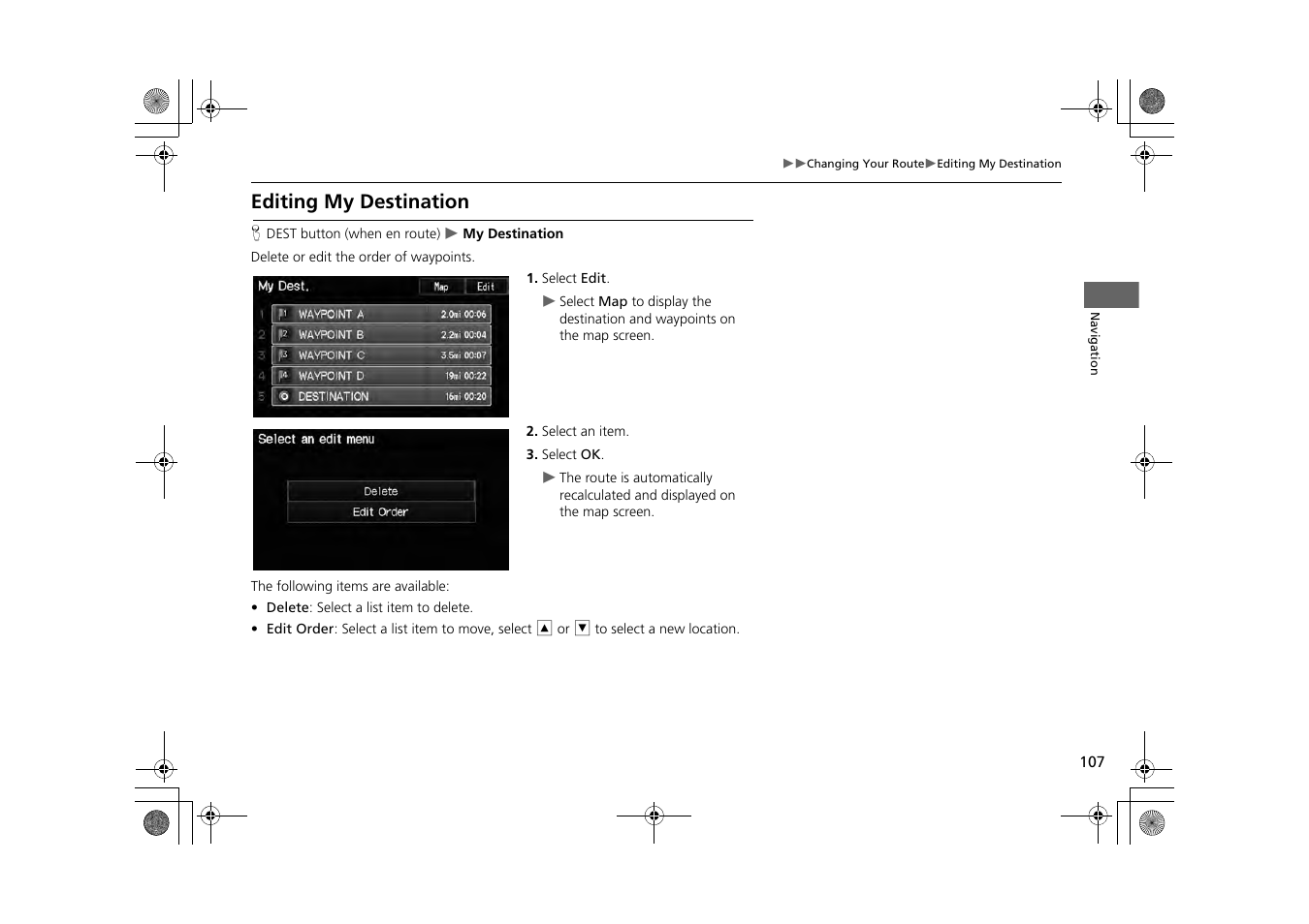 Editing my destination, 2 editing my destination, P. 107 | HONDA 2014 CR-Z - Navigation Manual User Manual | Page 108 / 208