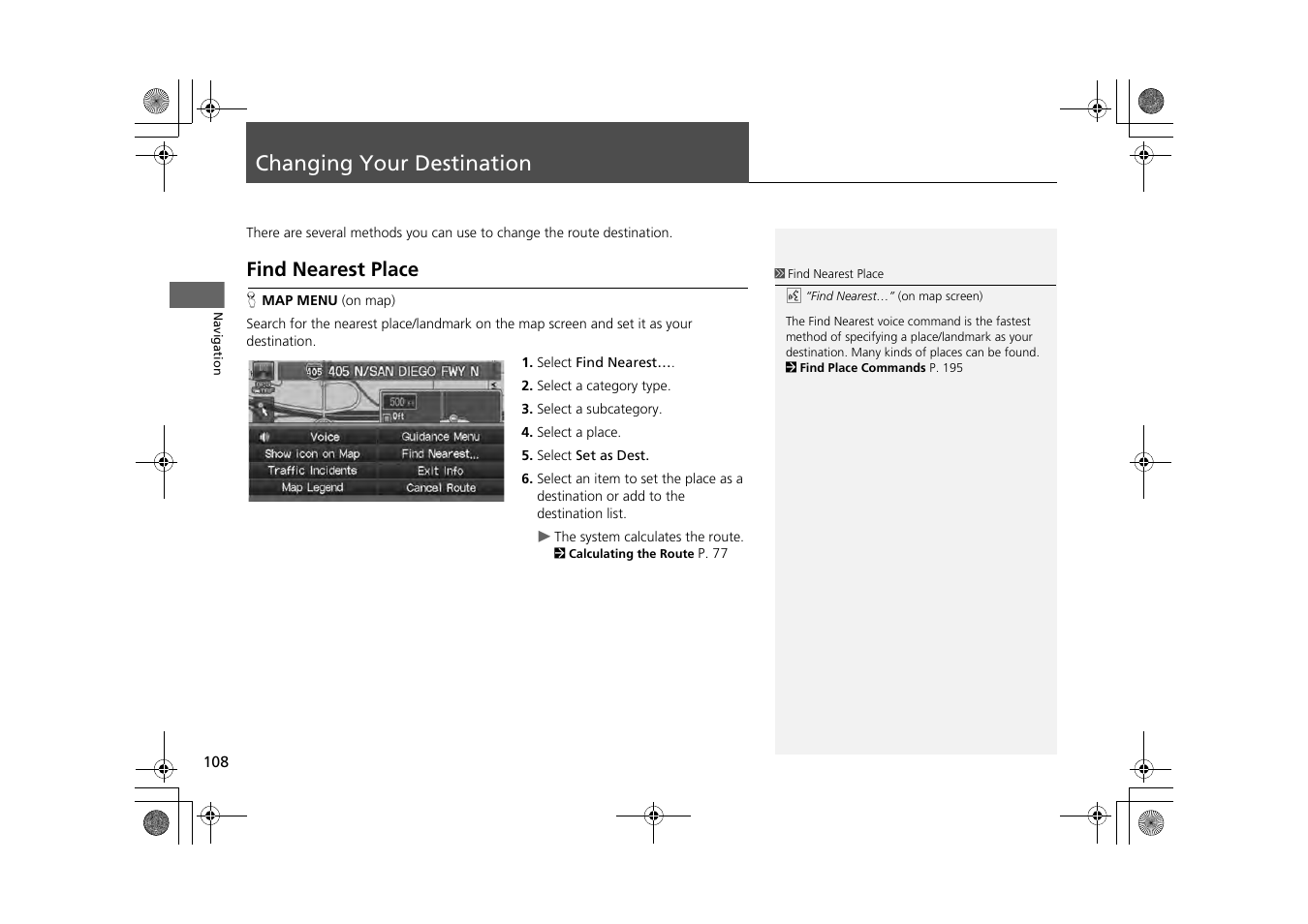 Changing your destination 108, P108), Changing your destination | Find nearest place, 2 changing your destination, P. 108 | HONDA 2014 CR-Z - Navigation Manual User Manual | Page 109 / 208