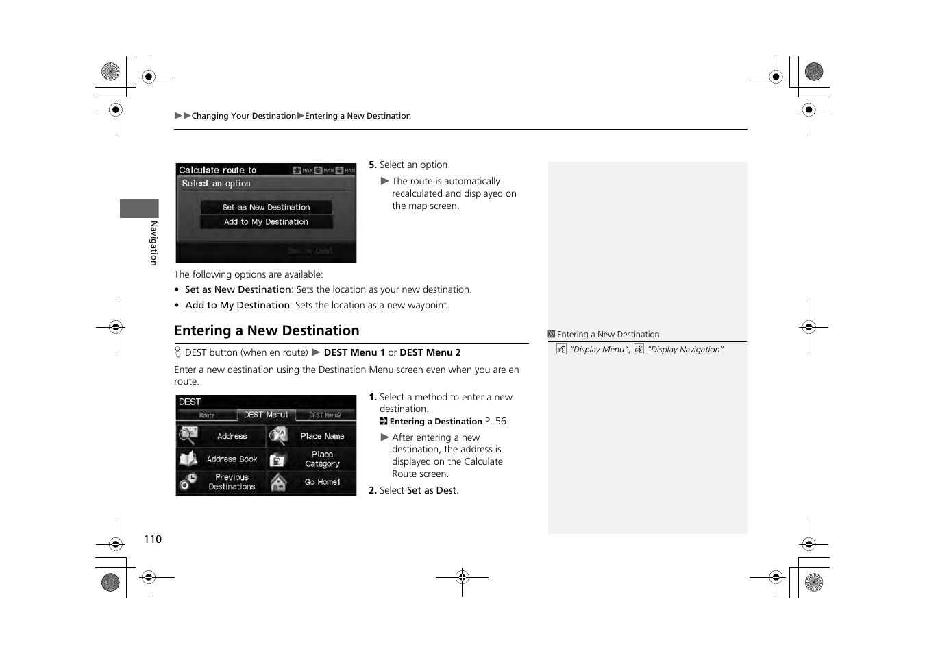 P110), Entering a new destination | HONDA 2014 CR-Z - Navigation Manual User Manual | Page 111 / 208