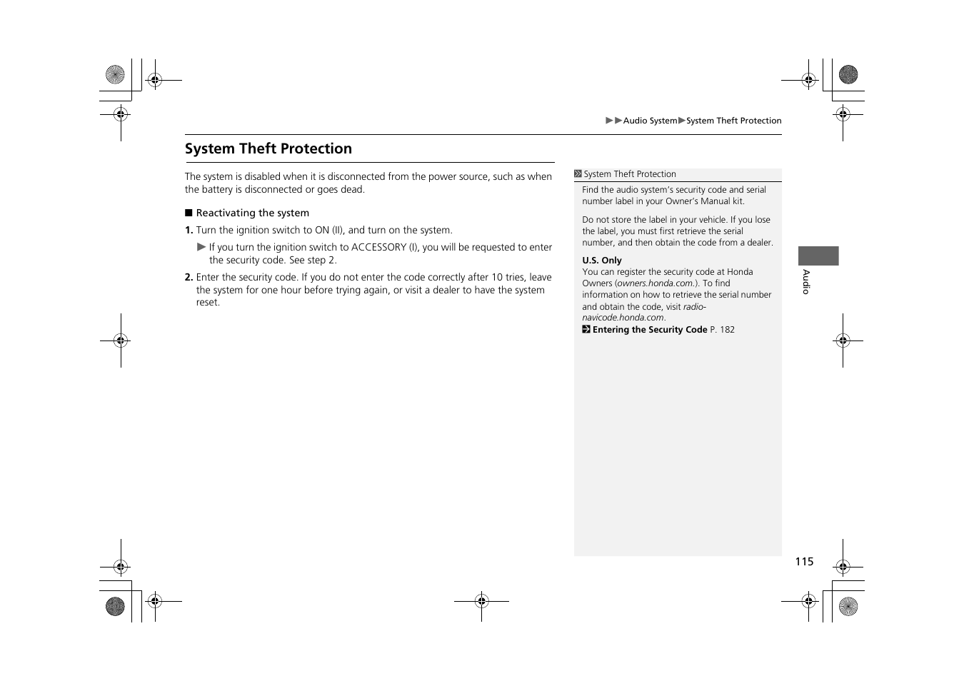 System theft protection | HONDA 2014 CR-Z - Navigation Manual User Manual | Page 116 / 208