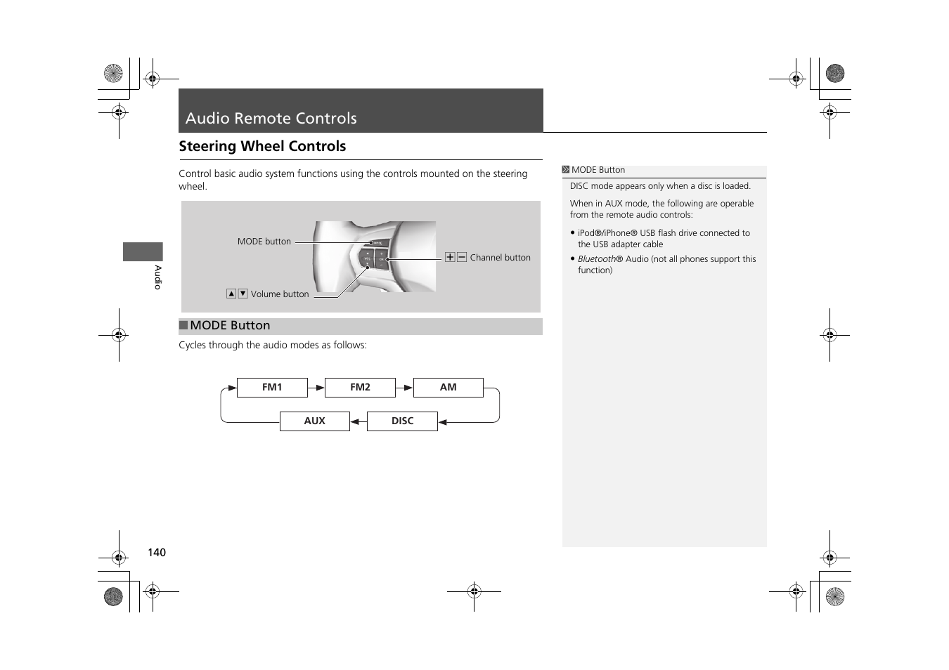 Audio remote controls 140, P140), Audio remote controls | Steering wheel controls, 2 audio remote controls, P. 140 | HONDA 2014 CR-Z - Navigation Manual User Manual | Page 141 / 208
