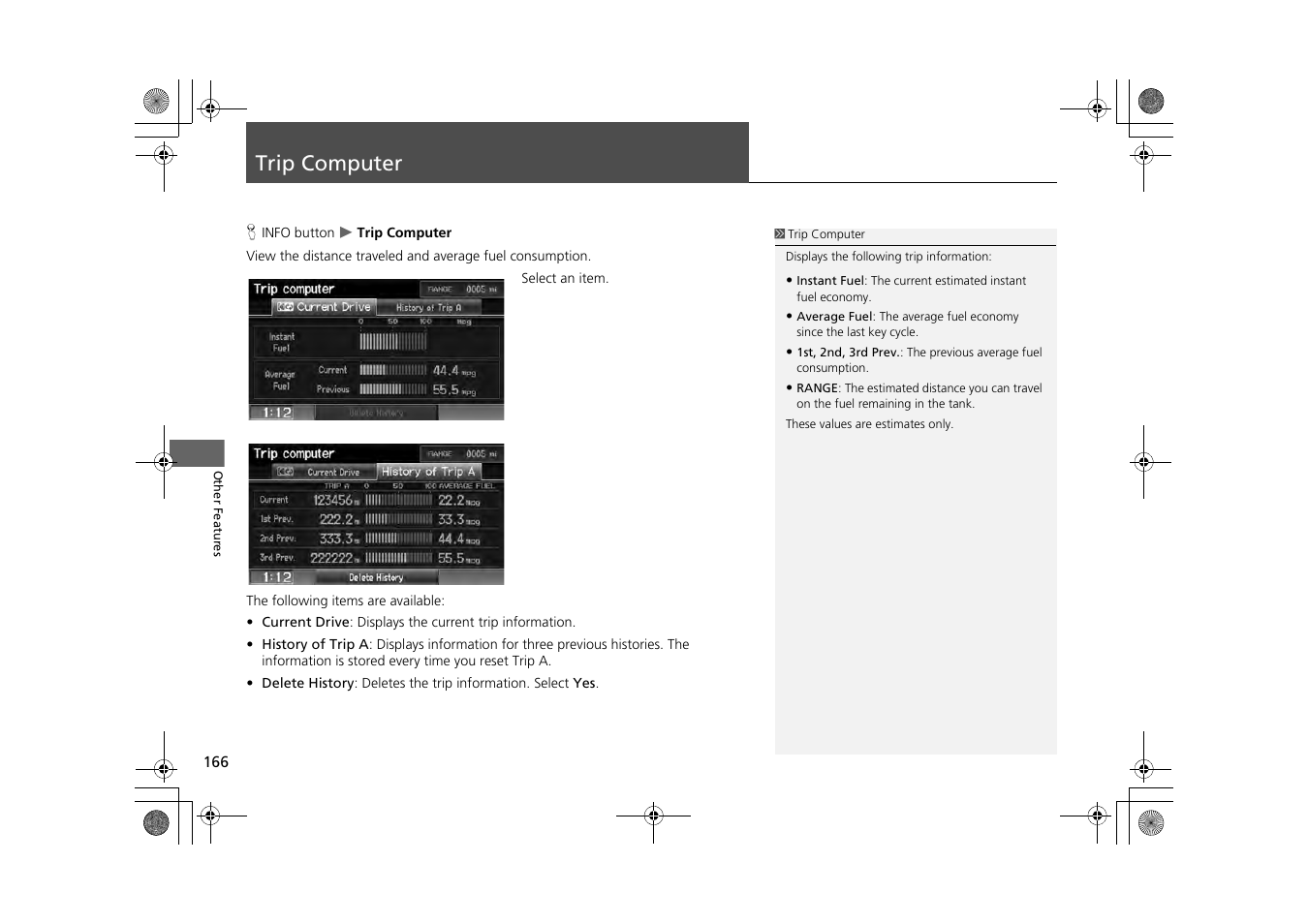 Trip computer 166, Trip computer | HONDA 2014 CR-Z - Navigation Manual User Manual | Page 167 / 208